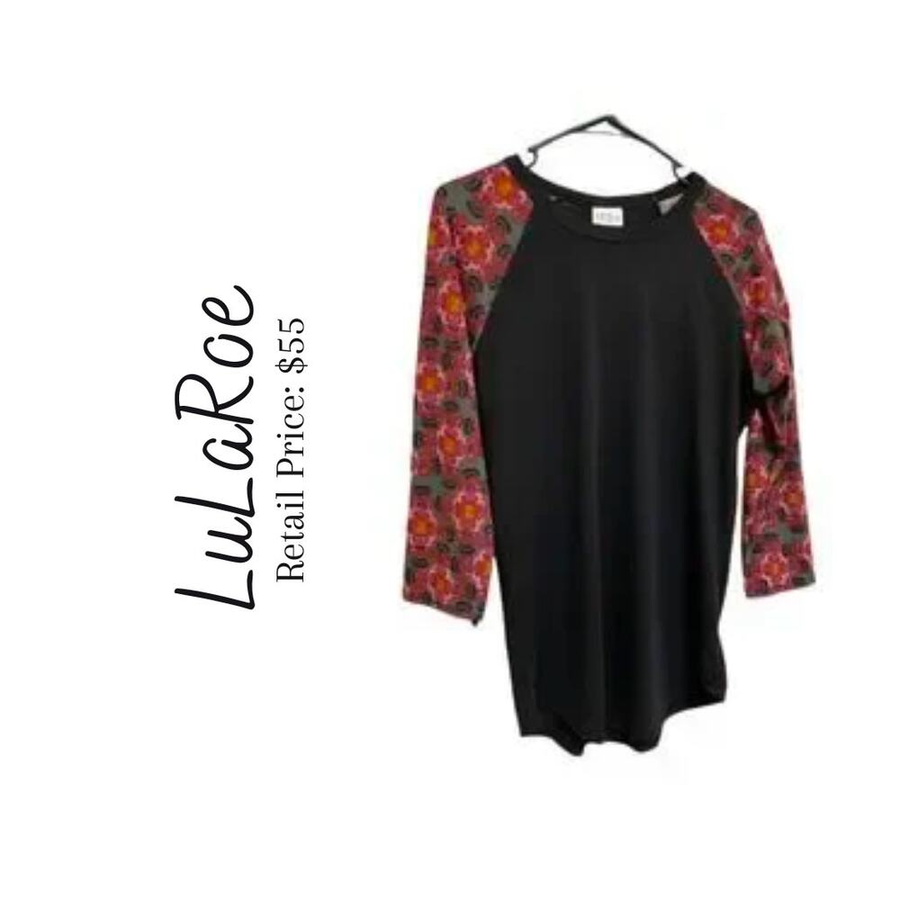 LuLaRoe Randy Black Wine Floral Sleeve Baseball Tee